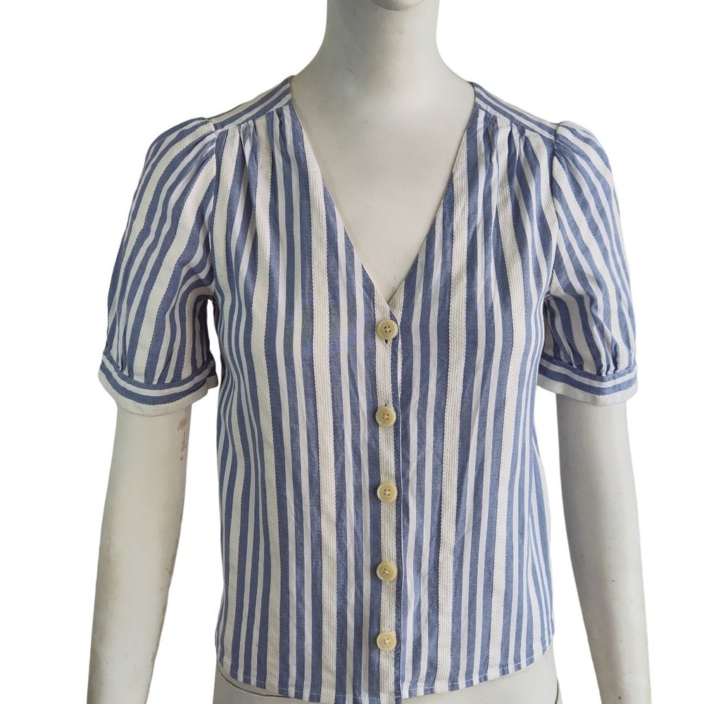 MADEWELL Plaza Coastal Coquette Stripe Button Front Cotton Viscose Blouse Sz XXS